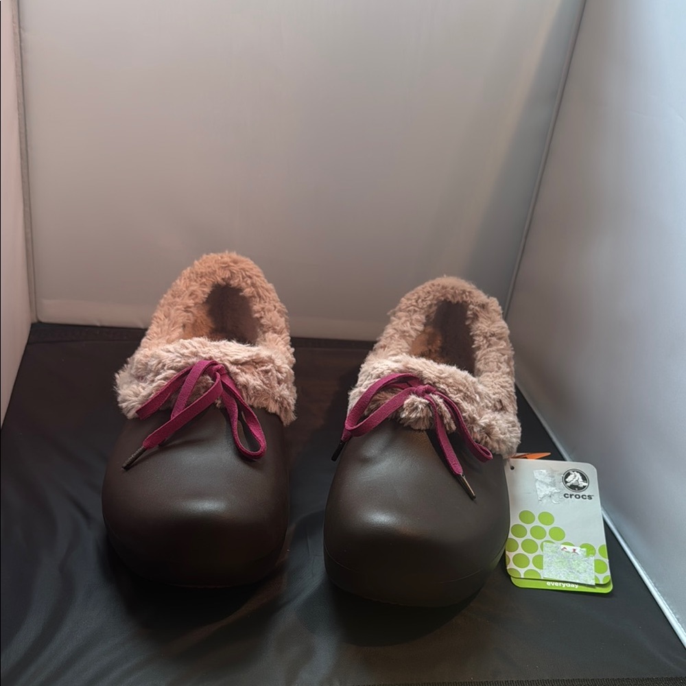 CROCS Brown and Pink Slippers with Plush Lining